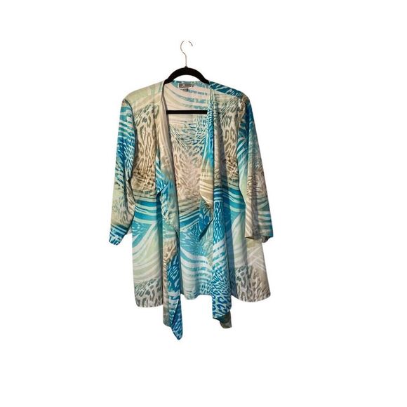 JM Collection Woman’s Open Front Blue & Tan Cardigan Size Large - Picture 1 of 4